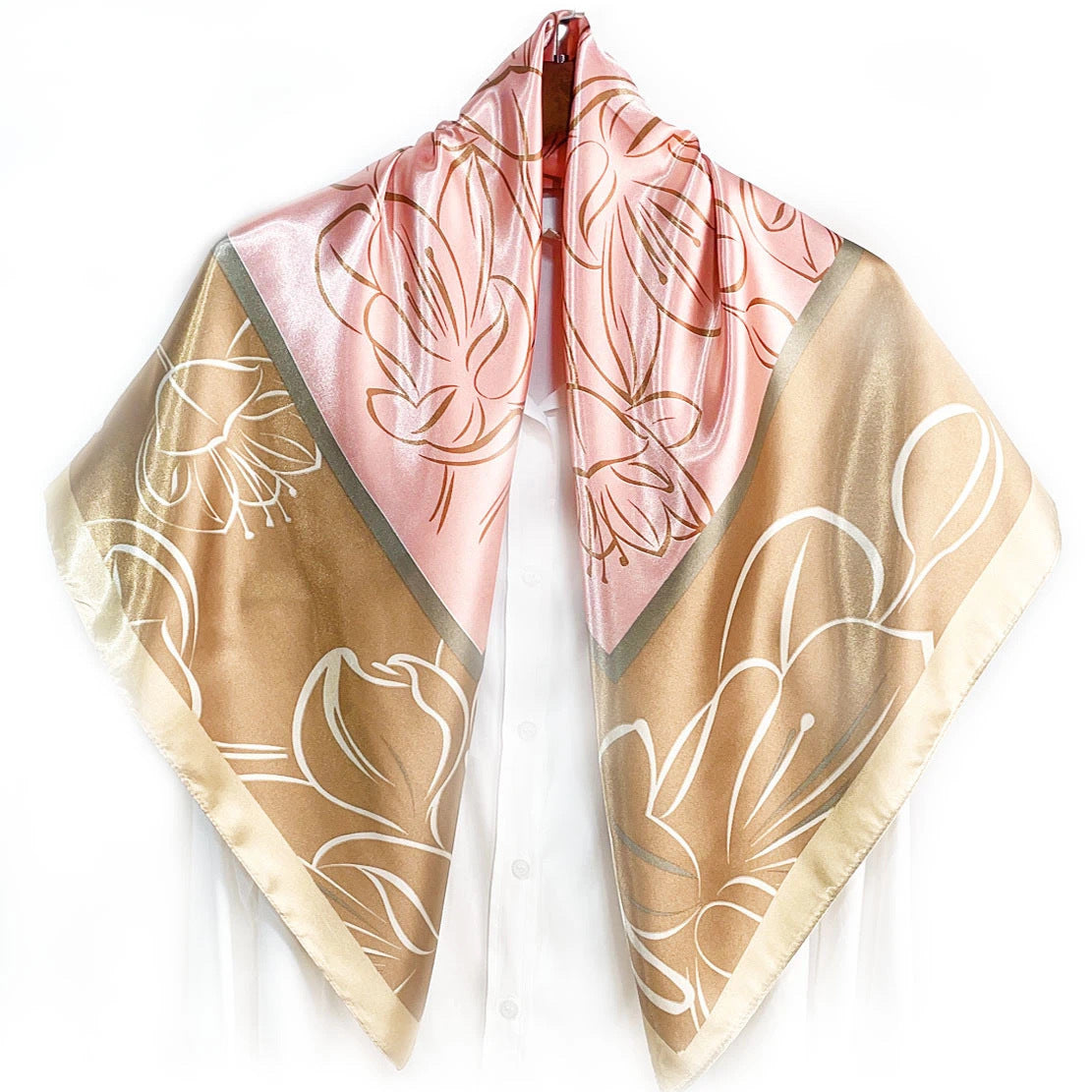 Elegant temperament women's decorative scarf, imitation silk satin plant flower flower printed silk scarf, bag head square scarf