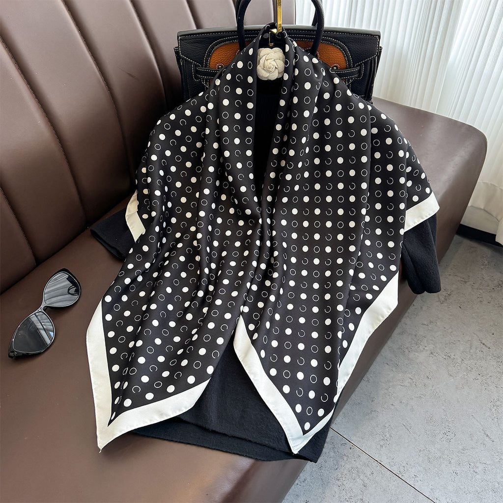 Spring new black and white simple printing polka dot silk scarf women's fashion temperament 90 square scarf versatile moisture-proof