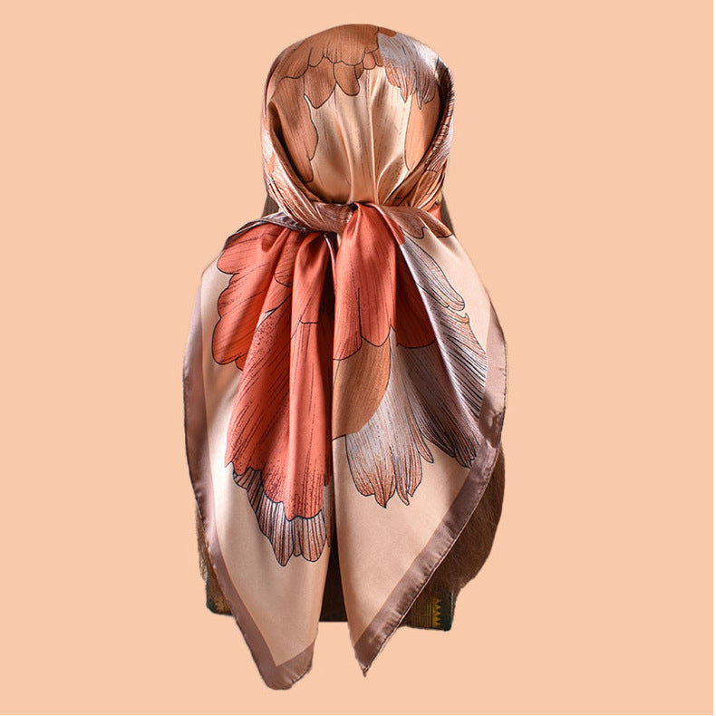 New 90-satin peony flower blooming rich printing square scarf with sunscreen bag head silk scarf decorative scarf