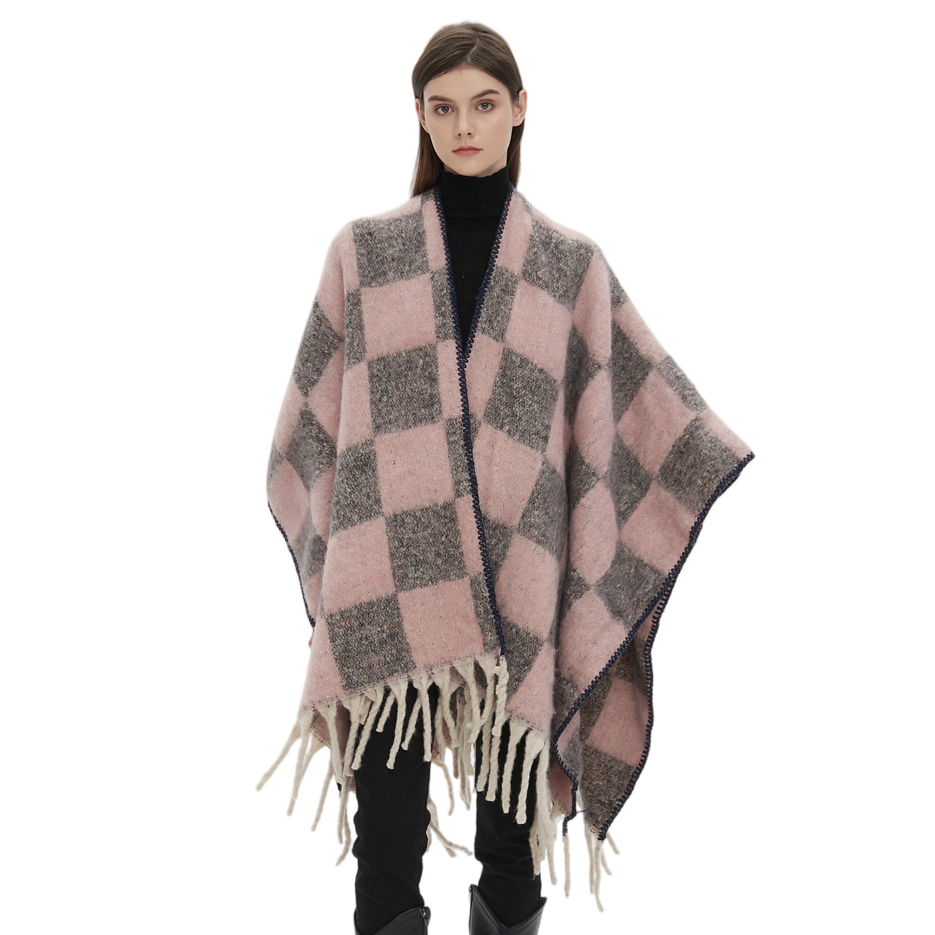 New European, American autumn and winter circle yarn imitation mohair thickened jacquard checkered cross shawl