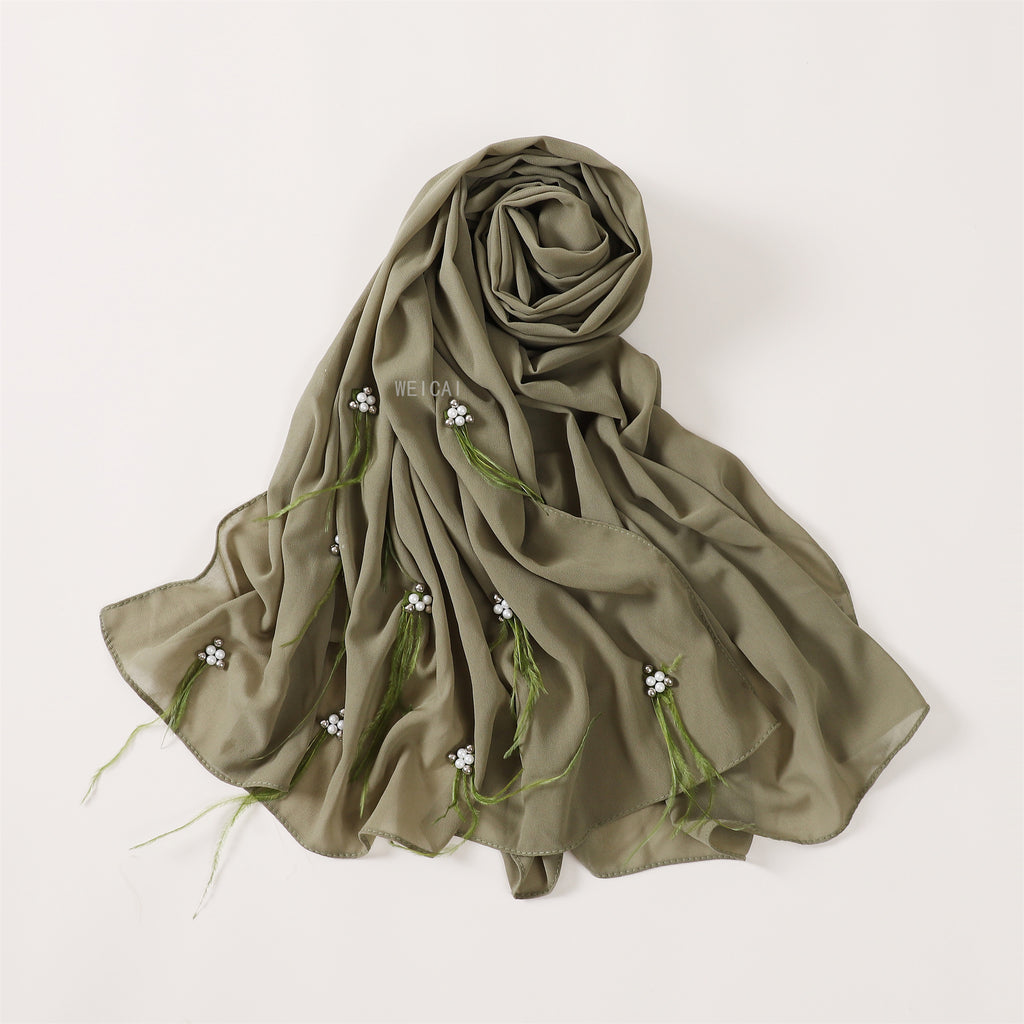 Fashion new pearl chiffon headscarf malay indonesia beaded ostrich hair scarf hijab