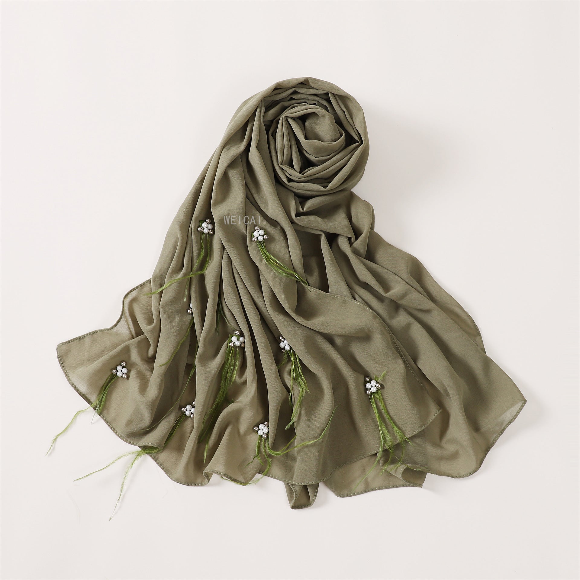 Fashion new pearl chiffon headscarf malay indonesia beaded ostrich hair scarf hijab