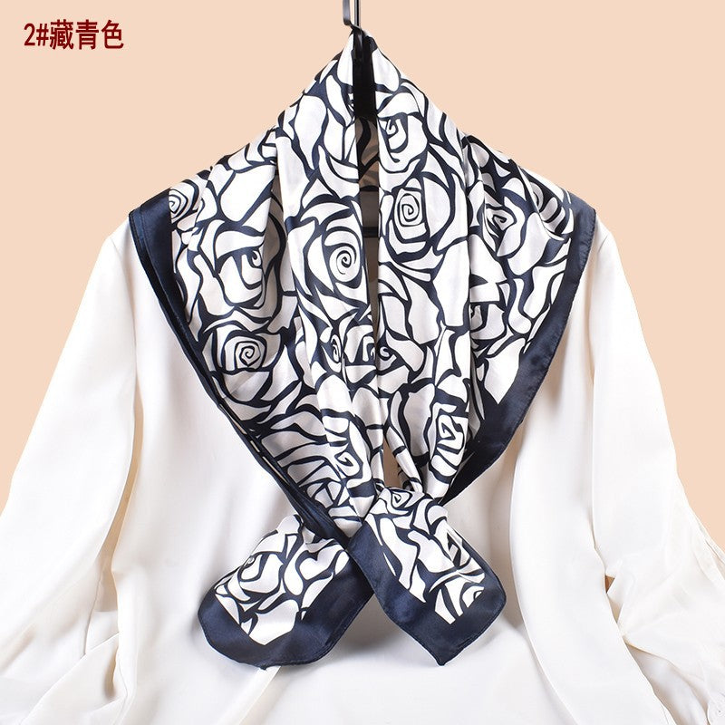 Spring and summer retro rose versatile decorative scarf silk scarf printed 90cm high-quality satin large square scarf scarf