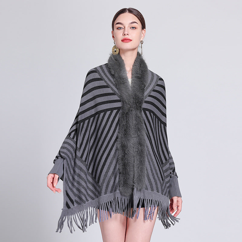 European and American autumn and winter new fashion striped fringed knitted shawl cape versatile cape outer scarf shawl 1233