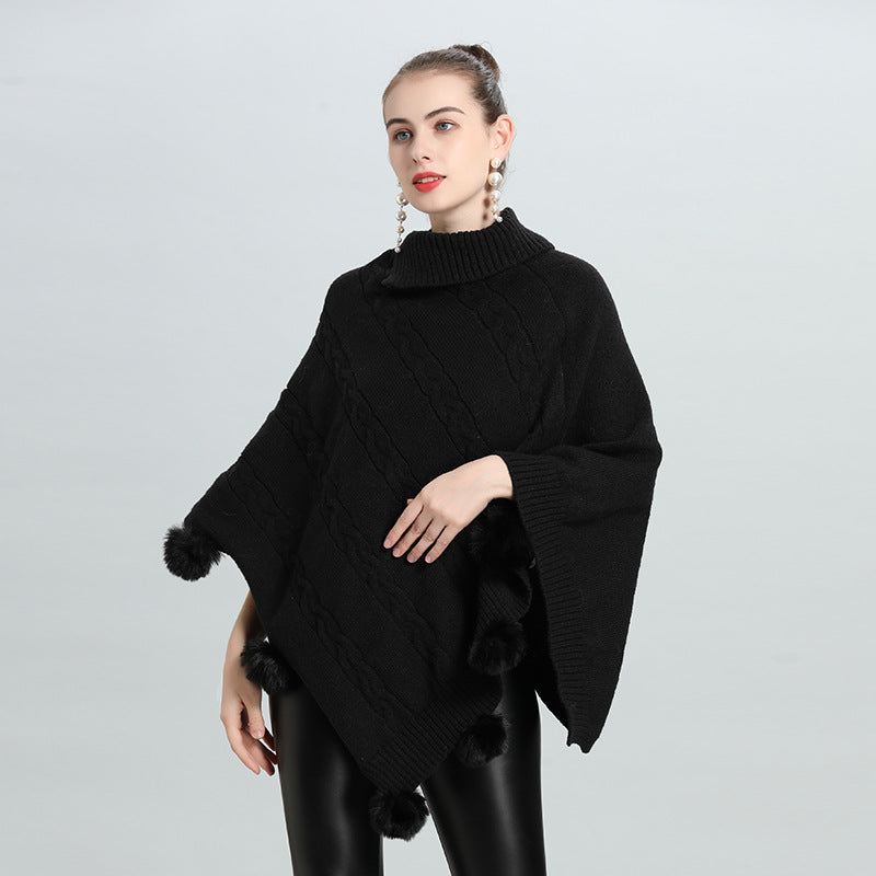 Hot European and Korean autumn and winter new loose jacquard hairball pullover knitted sweater cape shawl 0937 #