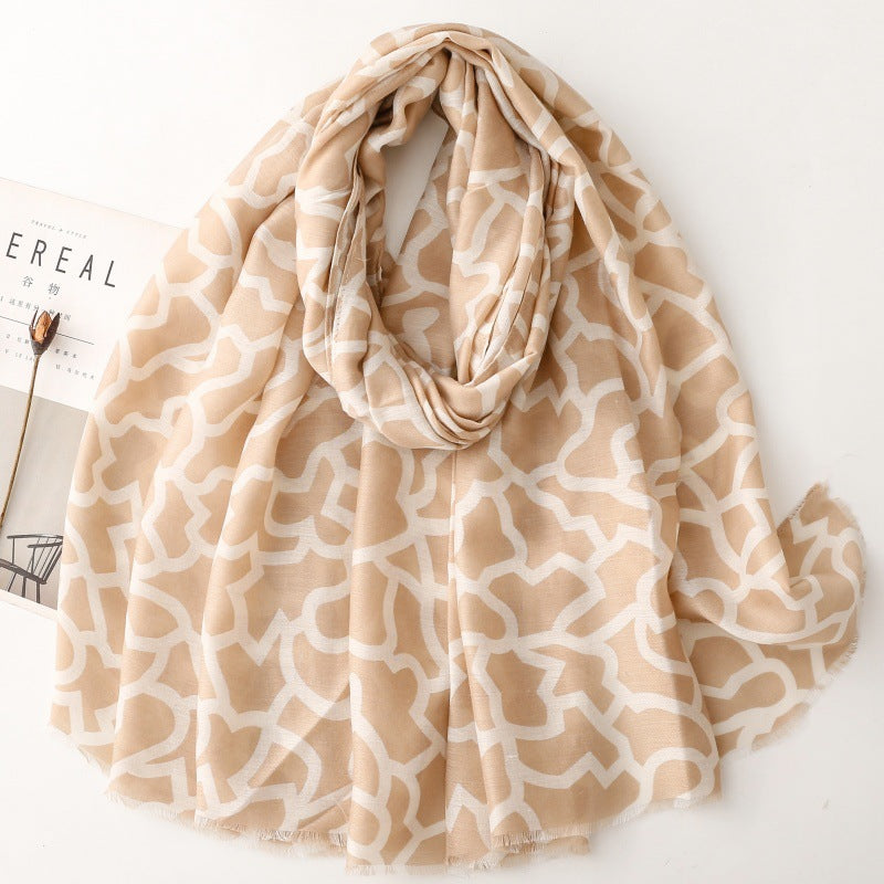 cotton and linen feel scarf soft silk scarf peach geometric line printing shawl