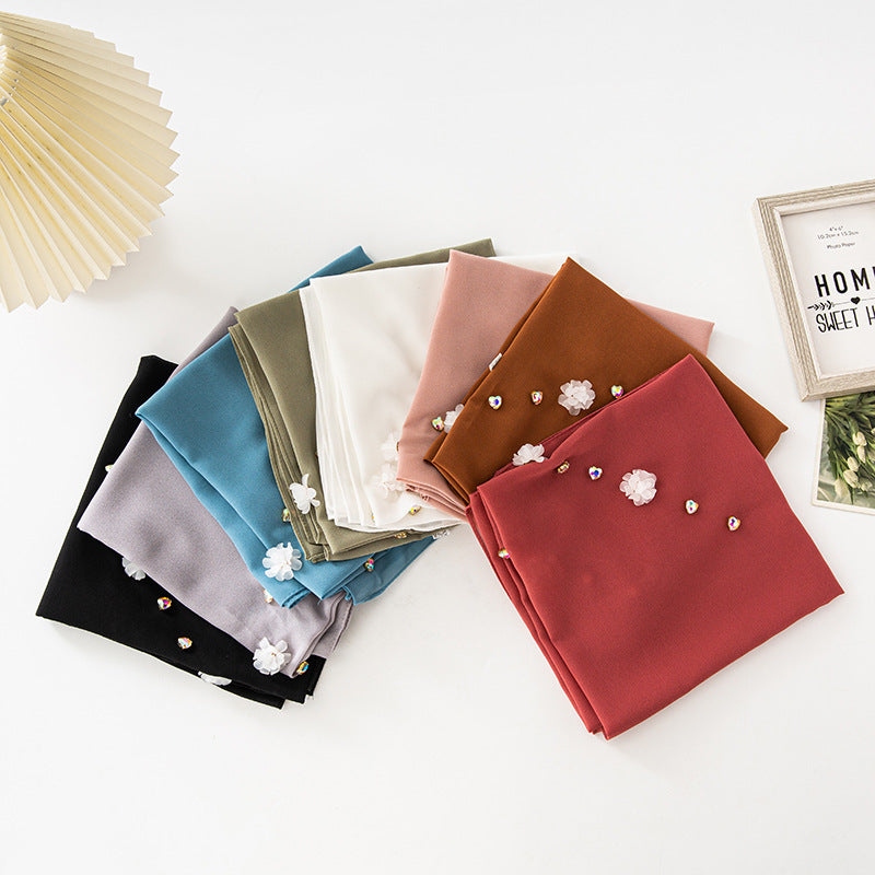New Pearl Chiffon Three Resin Flower Scarf Headscarf Middle East and Africa 90CM Square Scarf