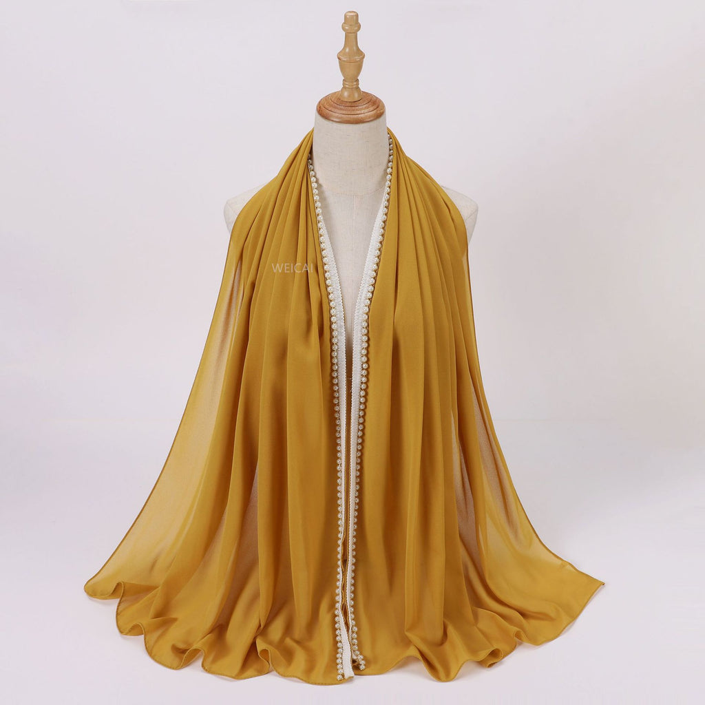 New solid color pearl chiffon pearl chain  scarf head scarf bubble scarf Middle East Malay headscarf