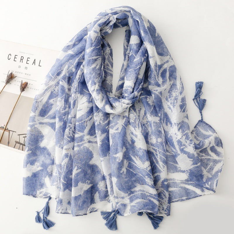 Retro ethnic style women's scarf solid color rubbing style flower painted pattern beard travel accessories silk scarf shawl