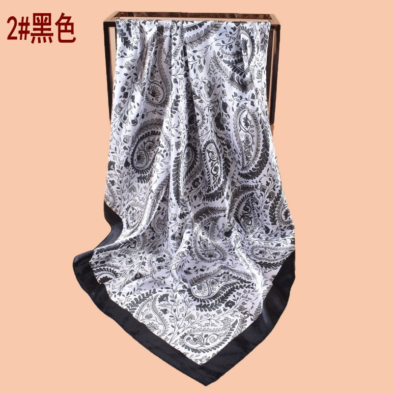 New 90cm satin leaf flower cashew flower printed square scarf with sunscreen, bag head silk scarf decoration, scarf
