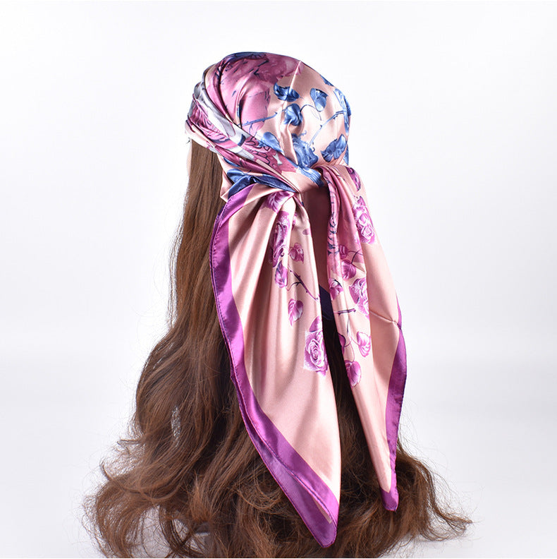 New fashionable versatile crystal rose pattern printing high-quality 90 * 90 satin square towel