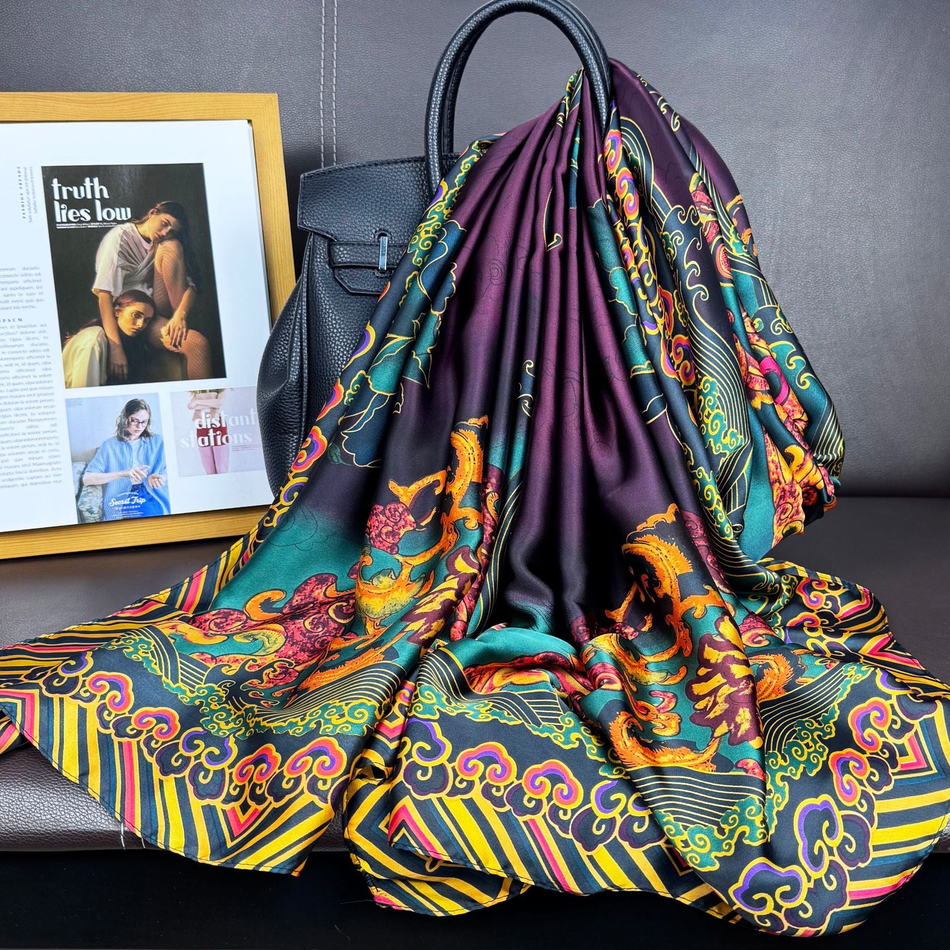 Retro intellectual national style simulation silk long silk scarf, mother's gift scarf, air-conditioned room decoration outside shawl