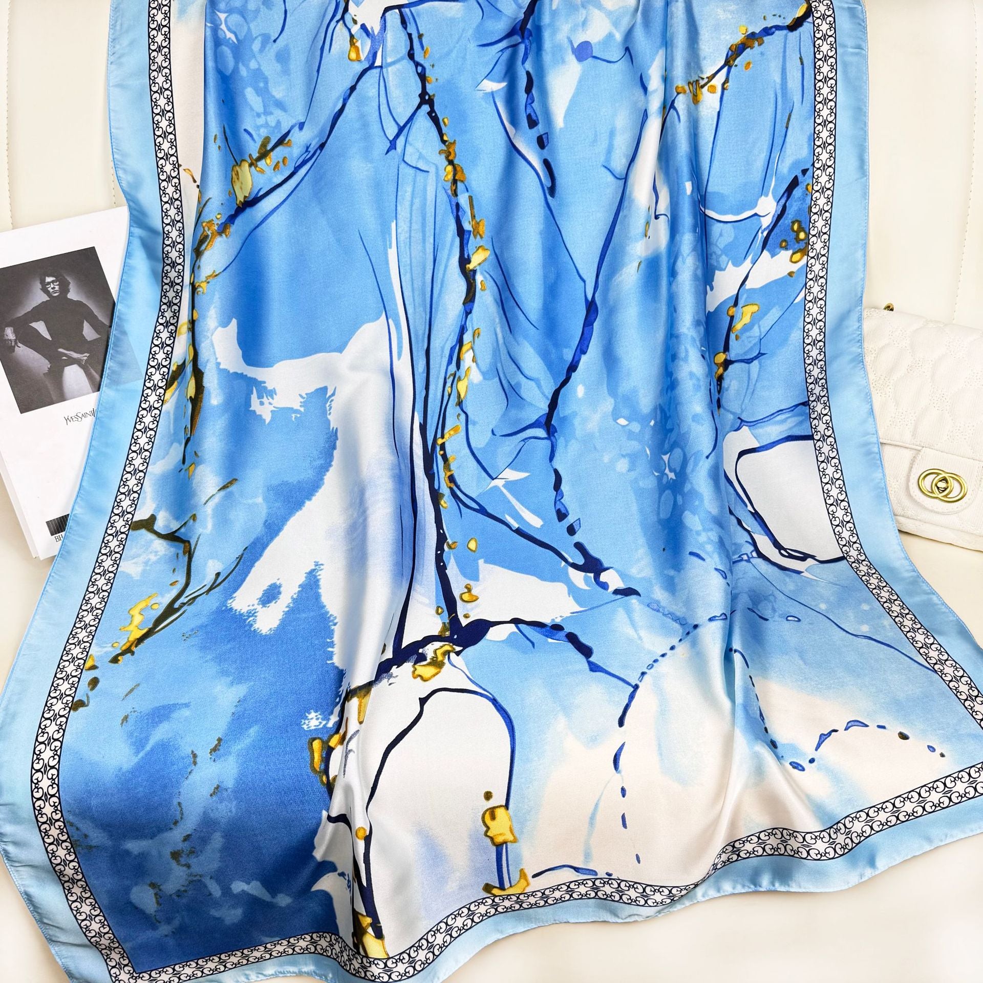 Fashion versatile gradual change color pattern printed silk scarf, elegant temperament women sunscreen shawl beach towel