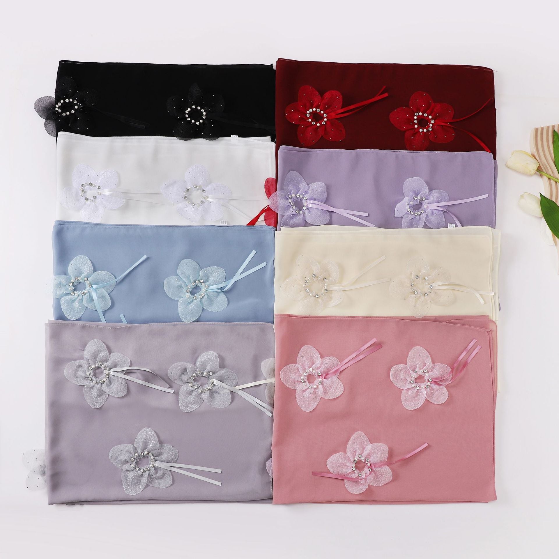 New Pearl Chiffon Handmade Sticky Flower Bead Nailed Drill Long Towel Yarn Middle East Malay Headscarf