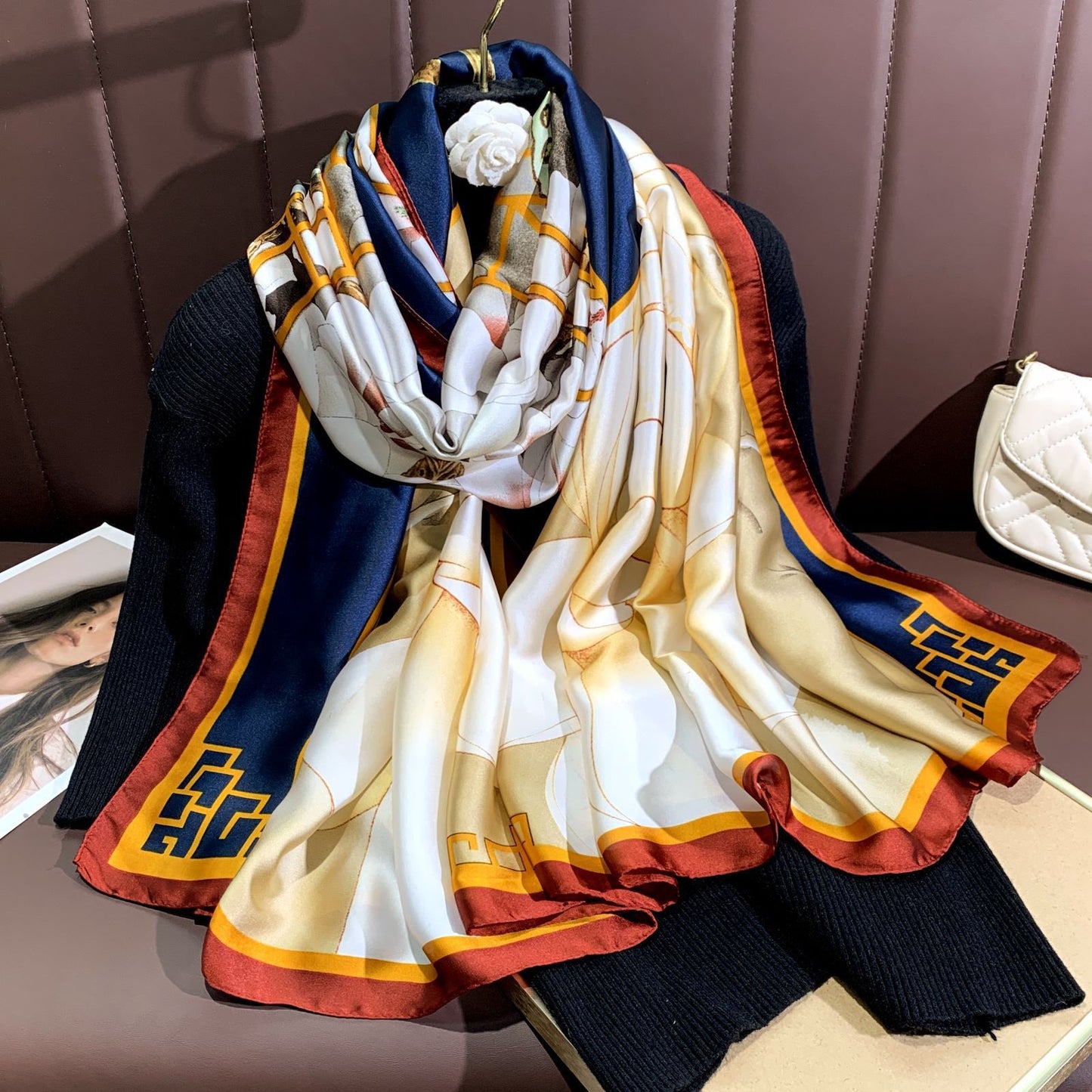 Foreign style fashionable long silk scarf women's scarf, spring, summer and autumn flower print travel vacation sun protection versatile shawl