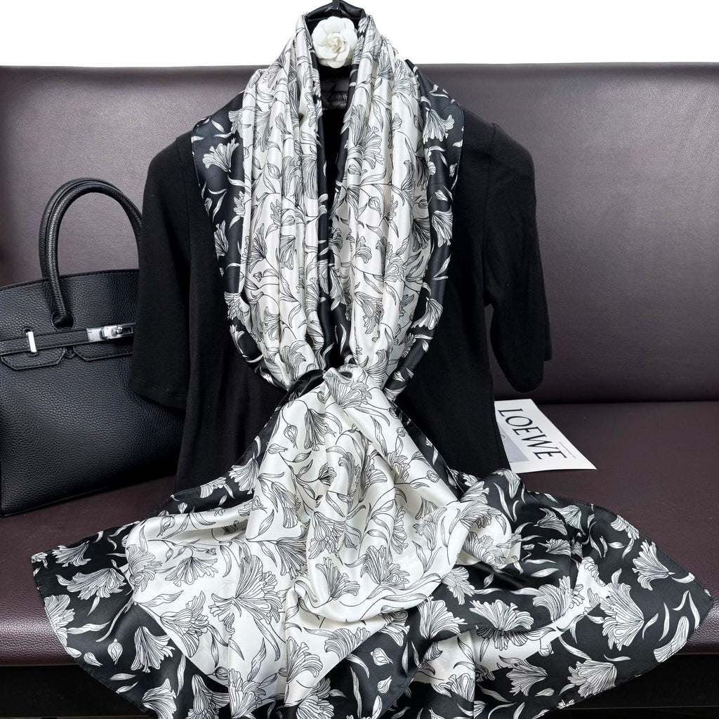 Fashion versatile black and white plant leaves long silk scarf, temperament female travel vacation sunscreen shawl