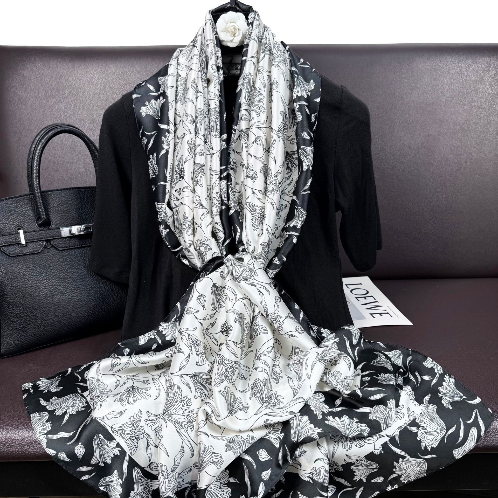 Fashion versatile black and white plant leaves long silk scarf, temperament female travel vacation sunscreen shawl