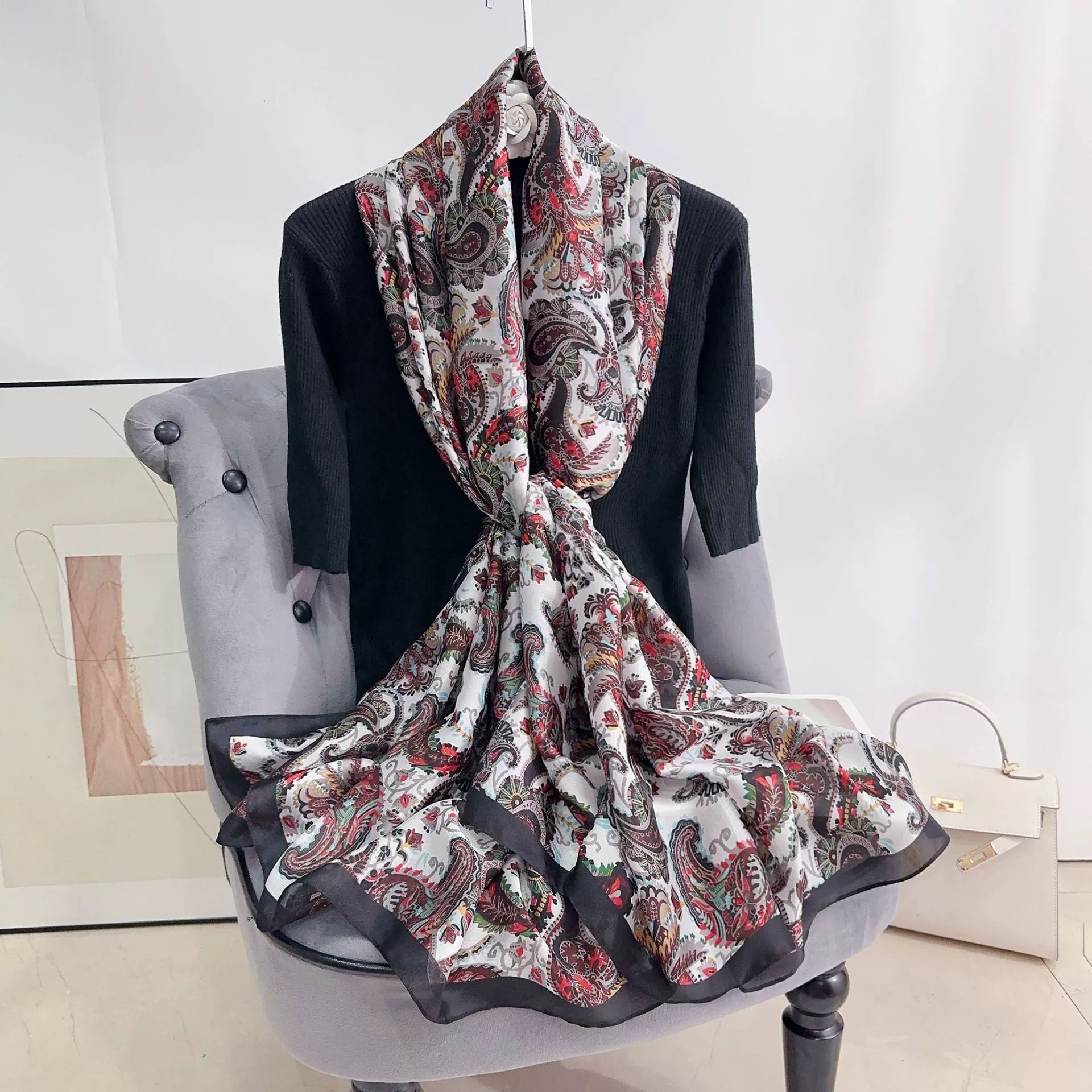 INS style Japan and Korea plant flower print scarf Mother's Day gift light luxury style retro temperament long scarf