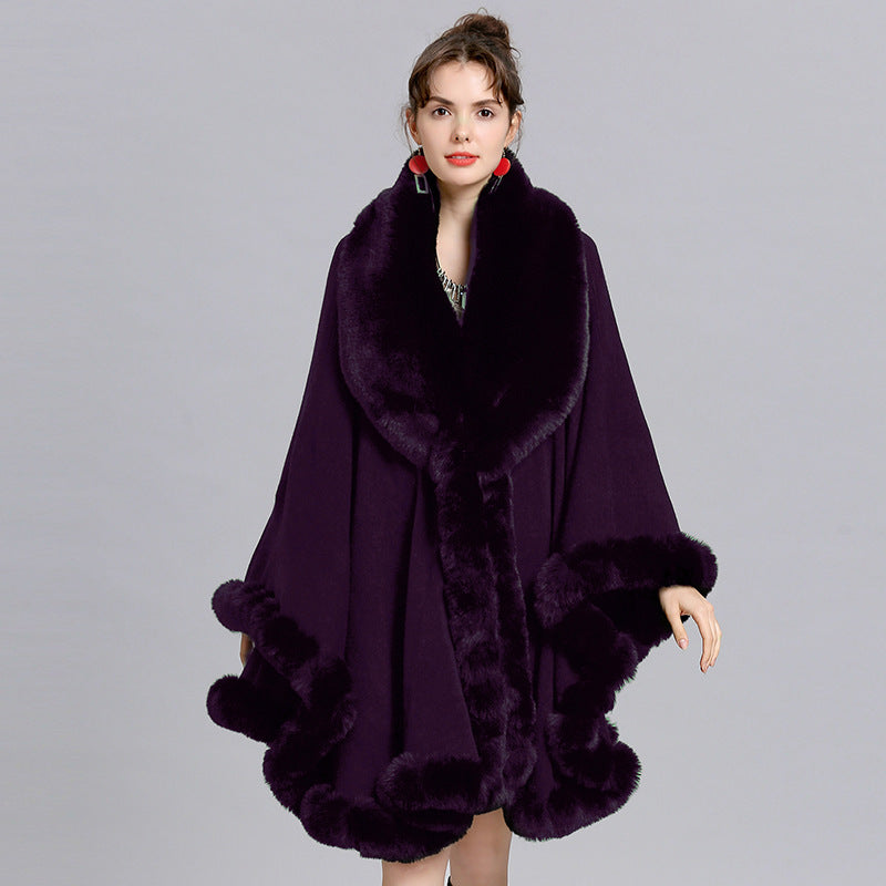 European and American new cape large size coat women's shawl loose imitation fur collar knitted cardigan shawl cape 1561 #