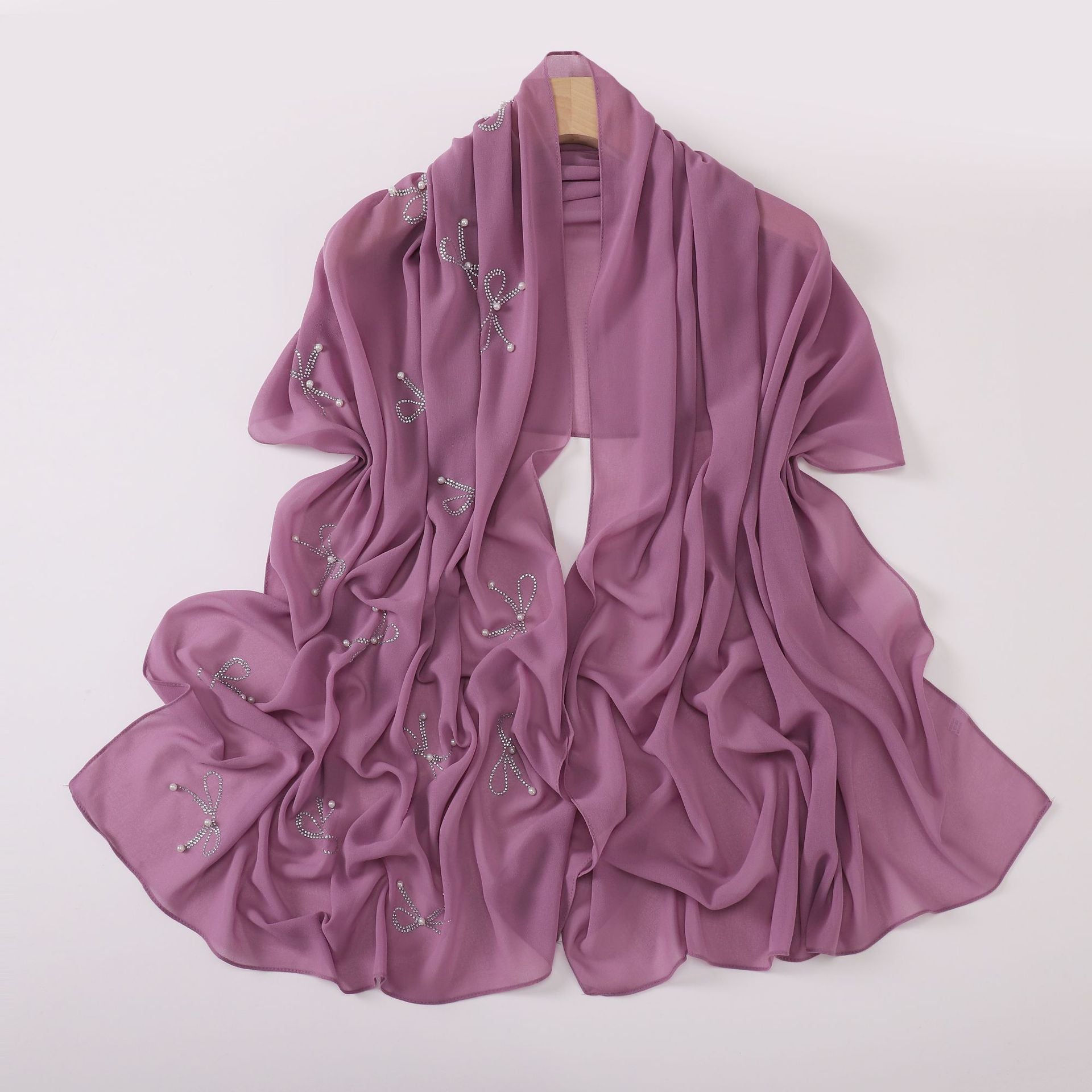 New pearl chiffon bow hot diamond beads long towel yarn towel small fresh headscarf women
