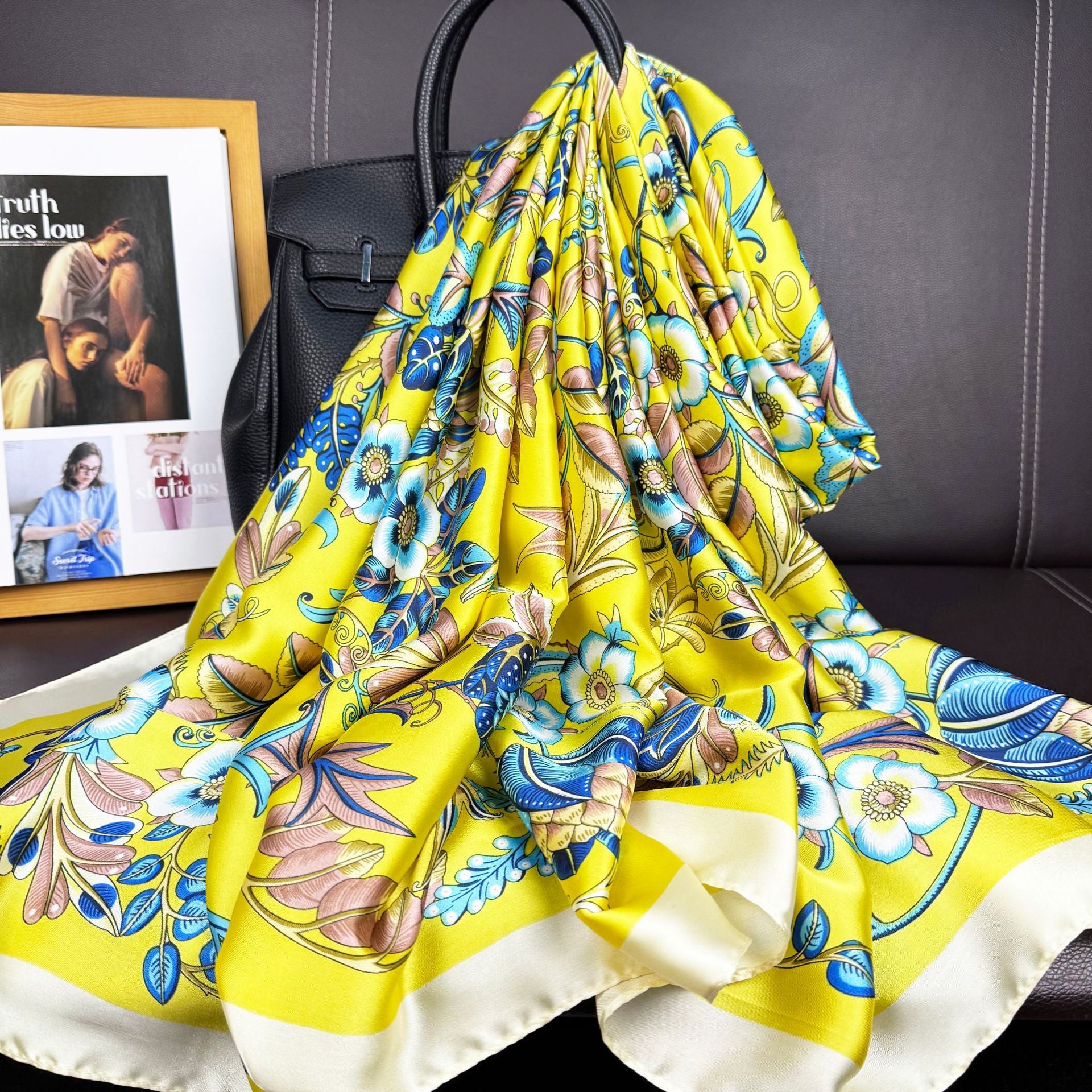 Simple and elegant plant flower flower simulation silk long silk scarf, spring and summer travel vacation sunscreen shawl