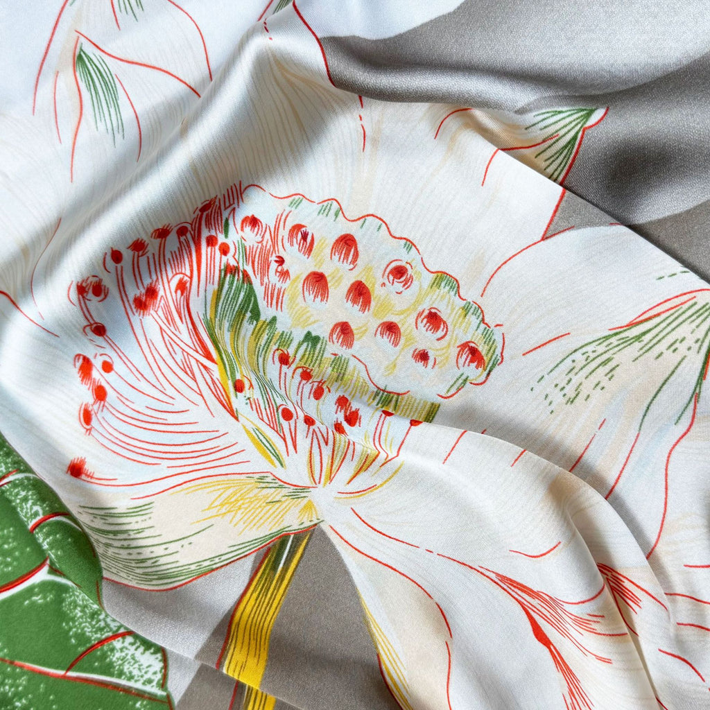 Korean version of temperament women travel and vacation with shawls, literary and ethnic style lotus flower print long silk scarf, souvenir