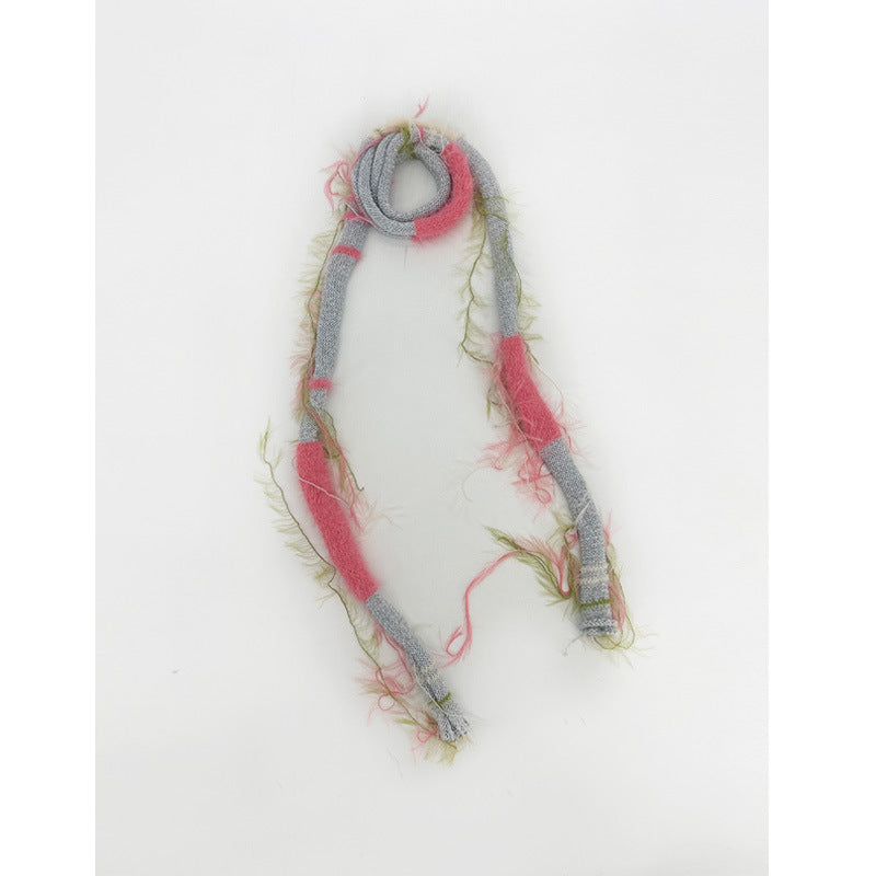 Niche broken retro mixed color hanging beard bright silk scarf scarf female slender shape dark wind JK fringed scarf