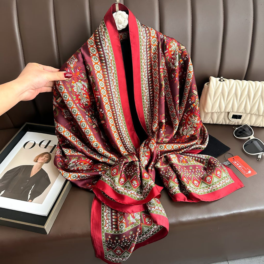 Korean version of fashion versatile Guochao ethnic style totem printing long silk scarf, simple and elegant temperament women's air-conditioned room shawl