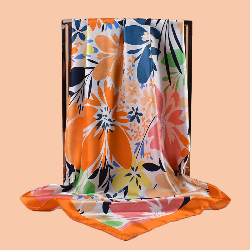 2025 new 90cm-satin cartoon flower versatile printed square scarf with sunscreen, bag head silk scarf decoration, scarf