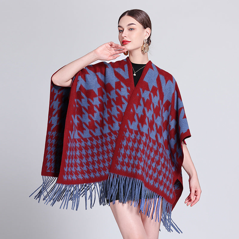 Autumn and winter Internet celebrities new plaid shawl with temperament fringed shawl cape cape retro scarf coat women