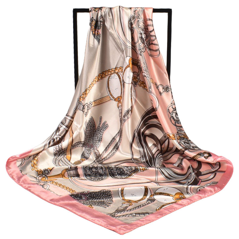 Spring new retro chain rope flower 90 satin printing silk scarf