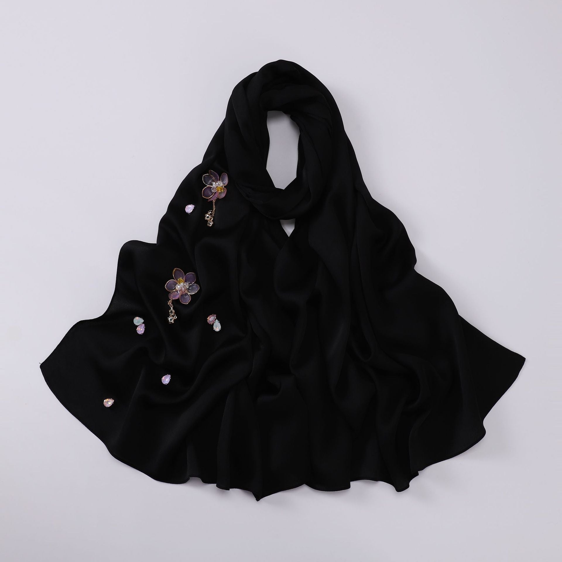 New bubble chiffon hand-sewn flower scarf Chinese wind point diamond yarn Malaysian headscarf hijab