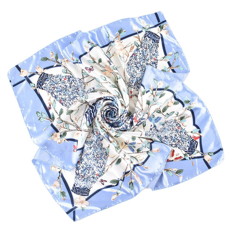 Autumn and winter new simple ethnic style blue and white porcelain vase pattern silk scarf printing 90 color diced high-end large square scarf