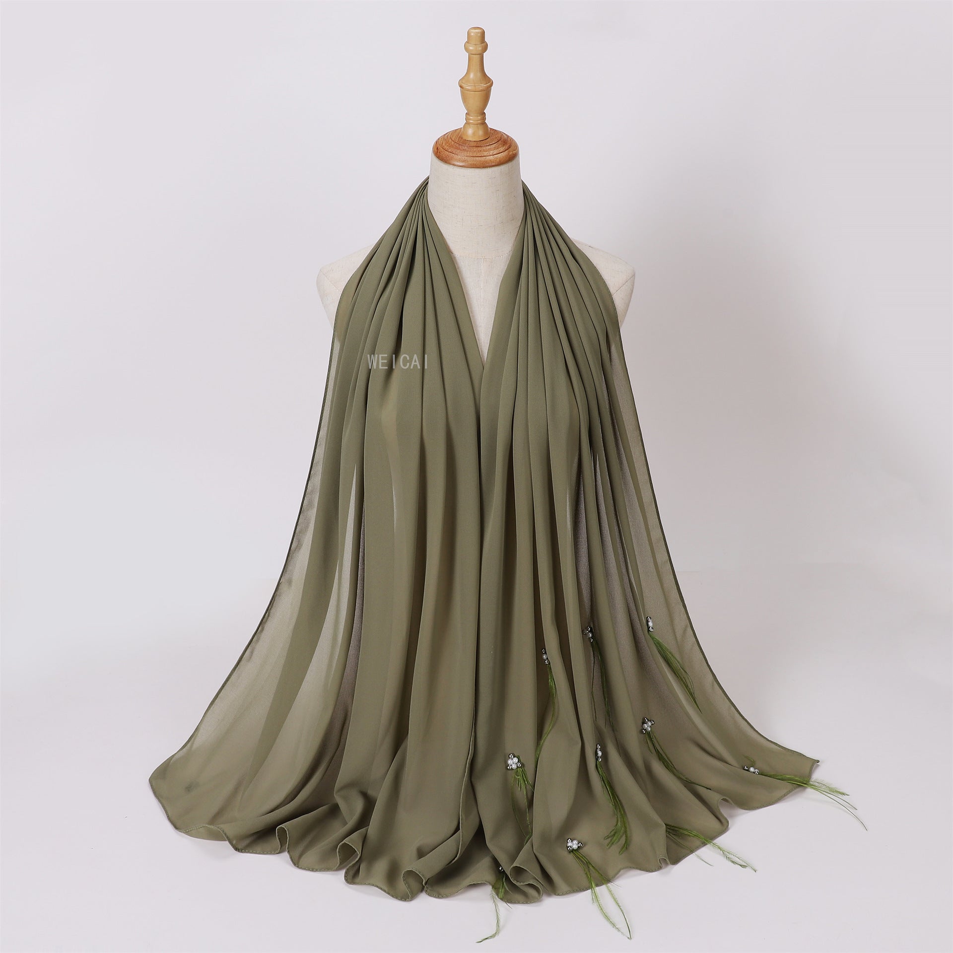 Fashion new pearl chiffon headscarf malay indonesia beaded ostrich hair scarf hijab