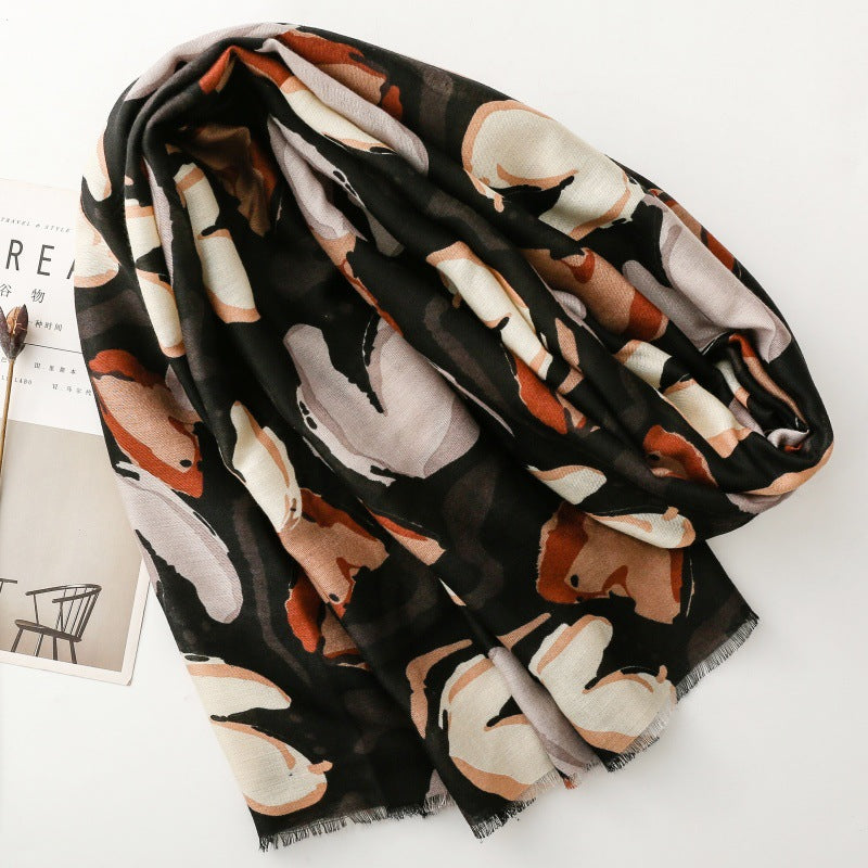 Stylish and simple commuter cotton and linen feel scarf plant flower burr silk scarf thick shawl