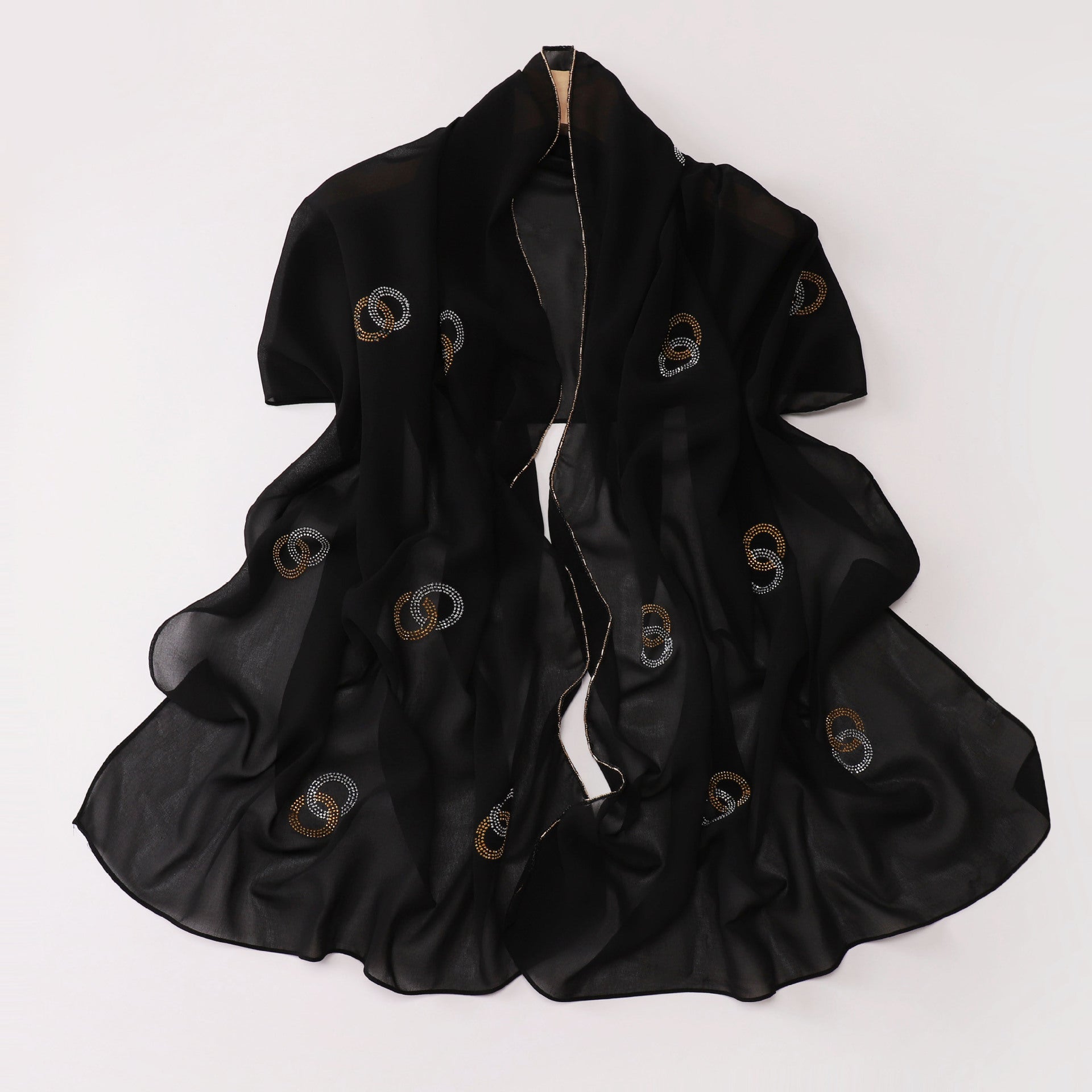 New Pearl Chiffon Long Edge Metal Chain Double Ring Hot Diamond Long Towel Yarn Middle East Head Towel