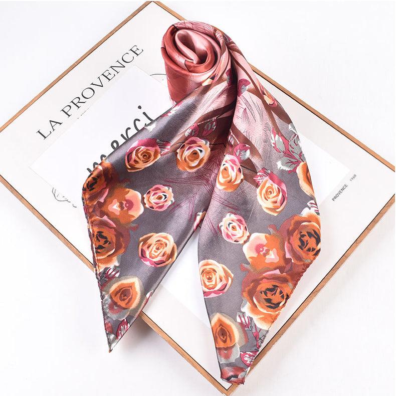 Autumn and winter new 90 high-end rose square scarf versatile retro printing women's 90-color diced imitation silk