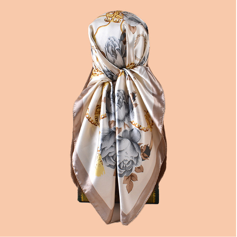 2025 new 90-color beautiful chain flower printing square scarf with sunscreen, bag head silk scarf decoration, scarf