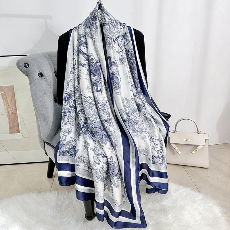 Fashion thin travel photography with long scarves, Japanese and Korean retro niche plant flower printing silk scarves