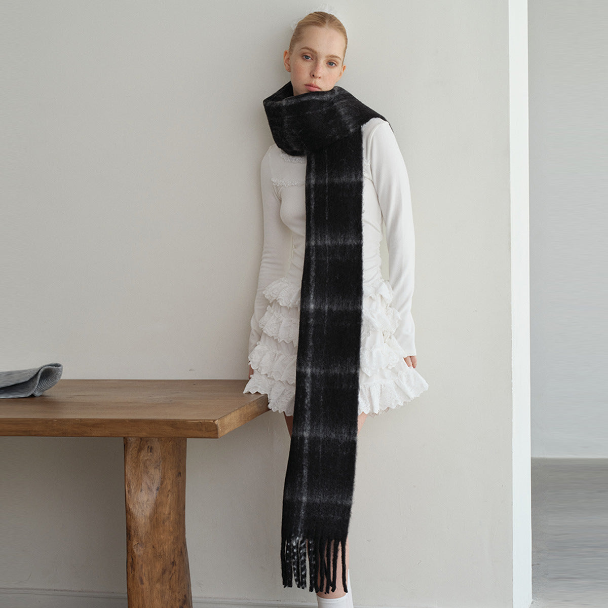 20% New Zealand wool blend neutral plaid scarf women's winter black retro plaid vibe long scarf