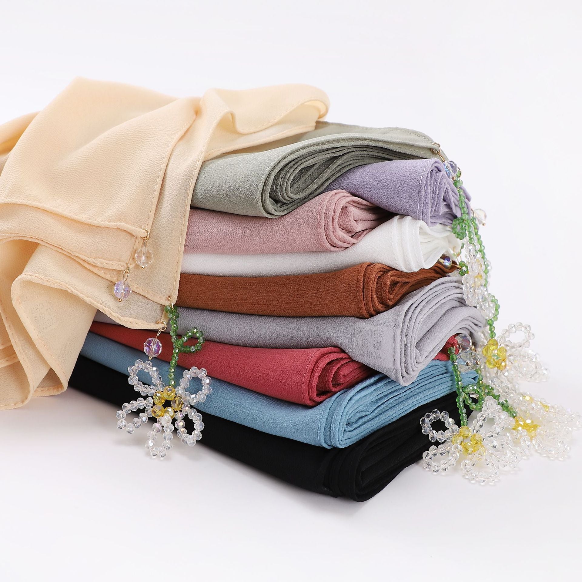 crystal flower pendant Hijab pearl chiffon square scarf 90 * 90cm headscarf