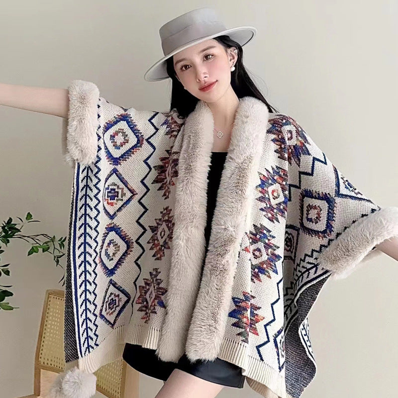Autumn and winter new ethnic style hairball cape cape cape with jacquard loose knitted cardigan jacket women