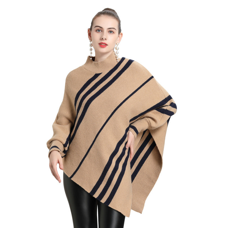 Autumn and winter new irregular striped semi-turtleneck bat sleeve pullover knitted sweater cape women 0950 #