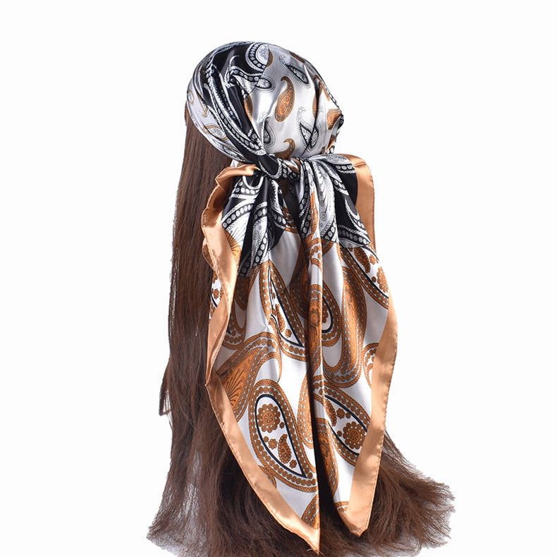 New French simple cashew flower pattern printing 90cm satin square scarf scarf silk scarf