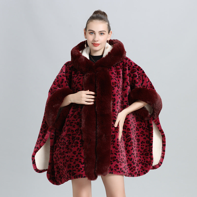 Cloak shawl piled thickened fur collar fringed knitted shawl large size woolen coat 0961 #
