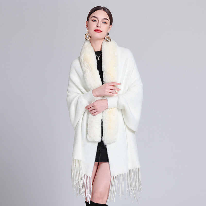 Autumn and winter new shawl fur collar imitation mink velvet knitted fringed sleeved cheongsam shawl with cape jacket women