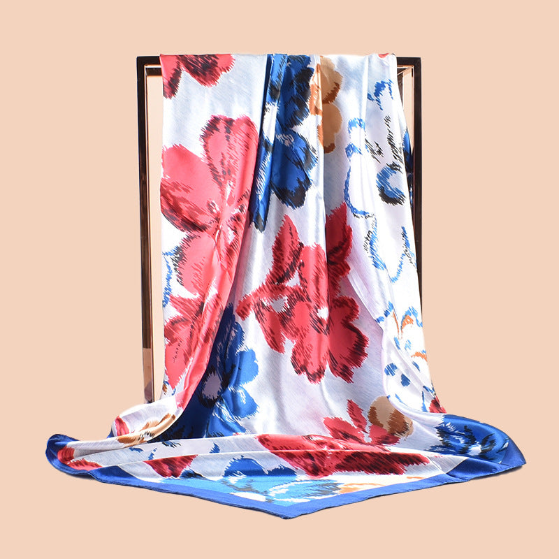 Spring new fashionable versatile large shawl imitation silk flower printing silk scarf head scarf 90-color square scarf