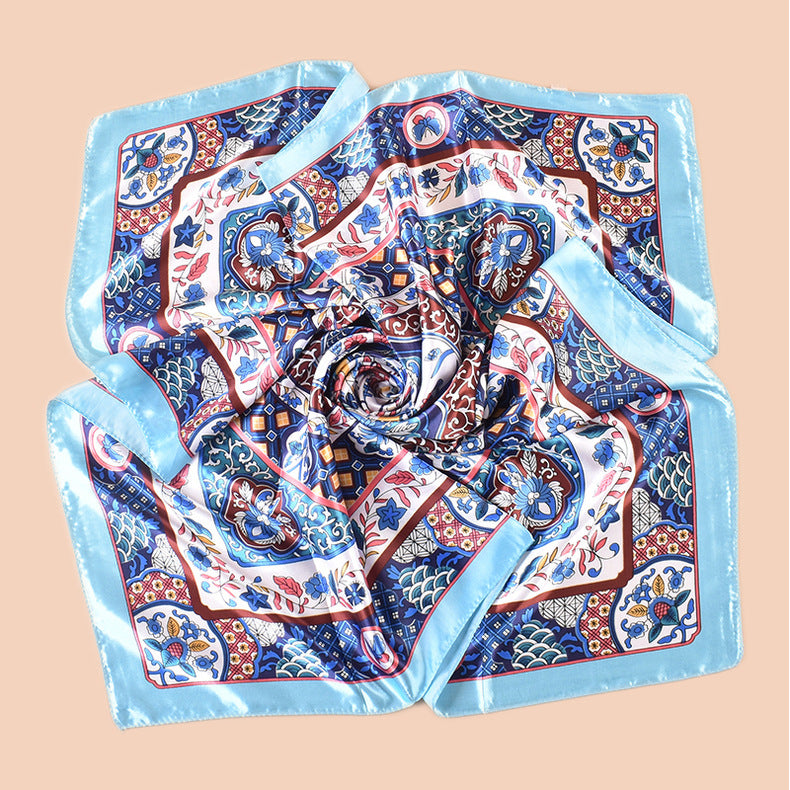 Spring new fashion big shawl simulation silk plant flower printing silk scarf head scarf 90 color square scarf