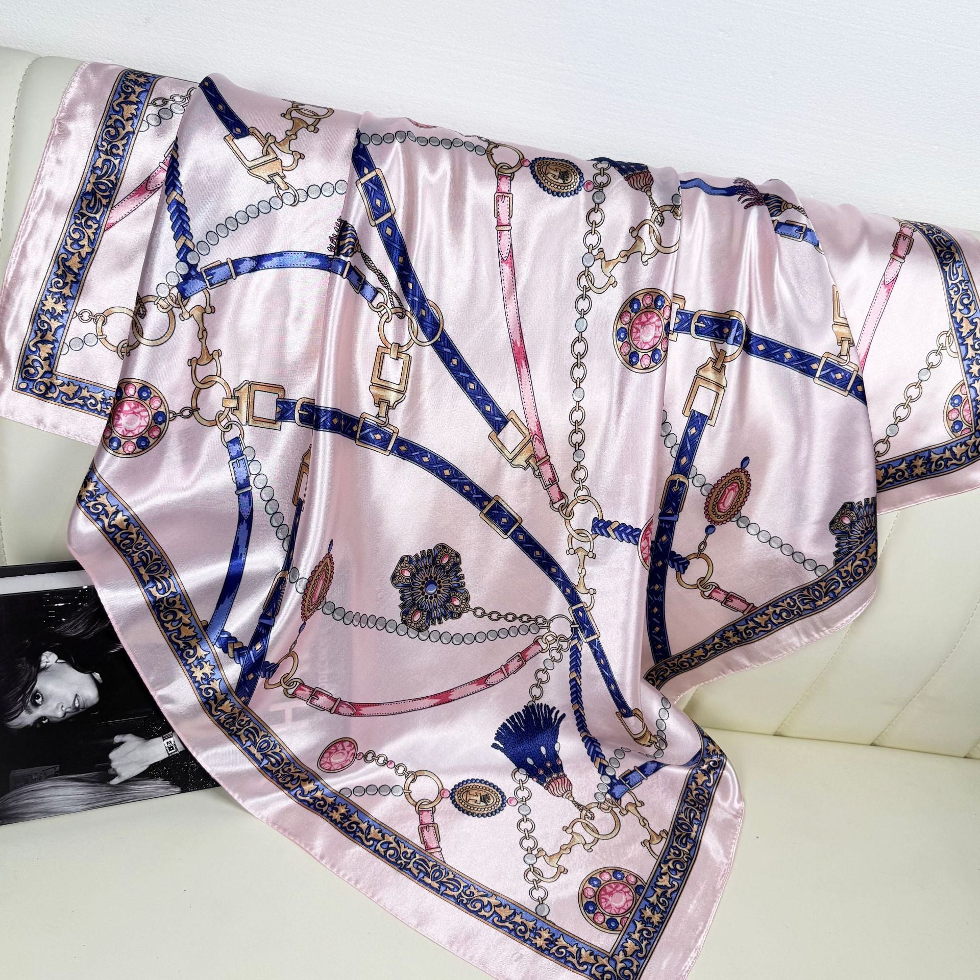 European and American fashion geometric line printed silk scarf, imitation silk satin 90 square scarf, Indonesian ethnic women's bag head scarf