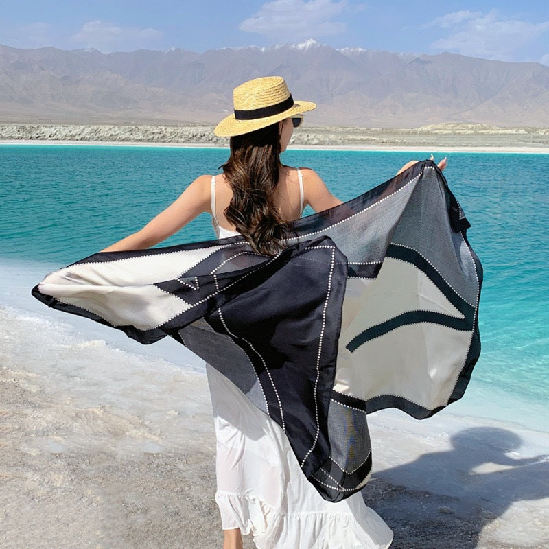 Simple and elegant geometric color matching simulation silk long silk scarf, travel and vacation sunscreen beach towel shawl, headscarf